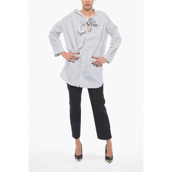 Balenciaga Women's Bow Detail Striped White Navy Blue Button Up Shirt Size 40 - Picture 2 of 11